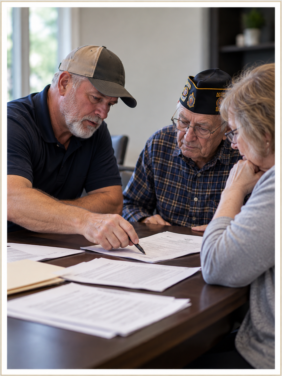 A volunteer reviewing paperwork with a veteran and family member