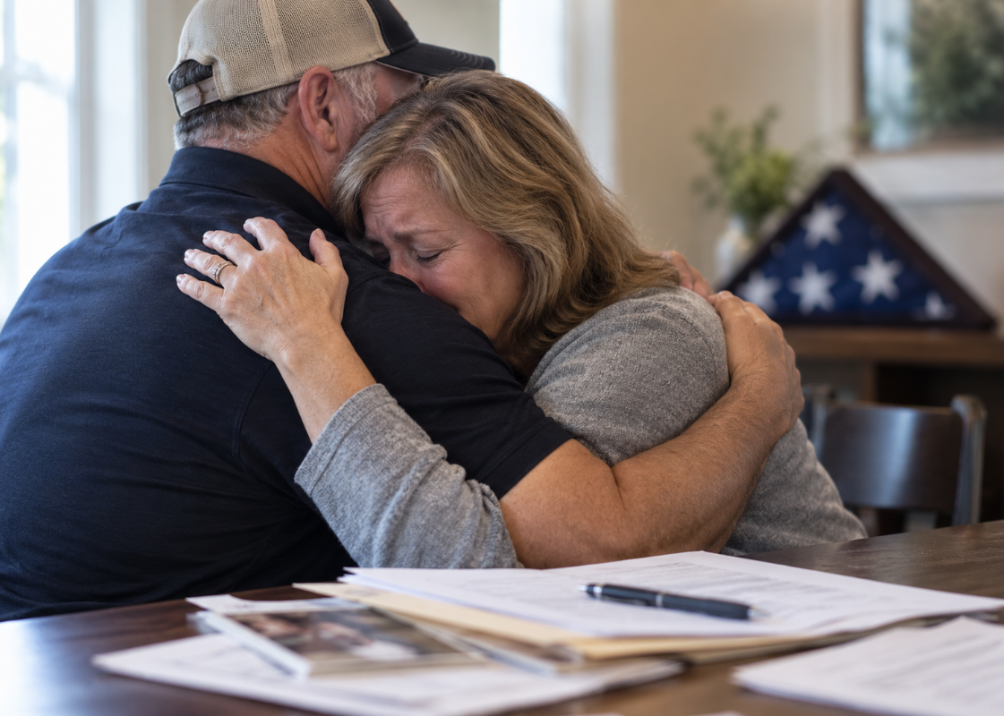 A man comforting a woman beside paperwork and a folded American flag